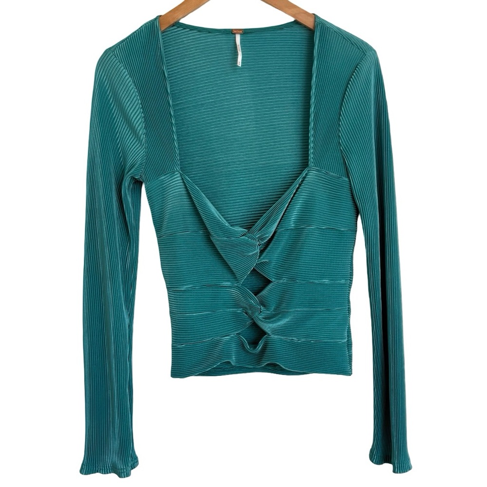 Free People Leah Twist Long Sleeve Blouse Elegant Teal Green M